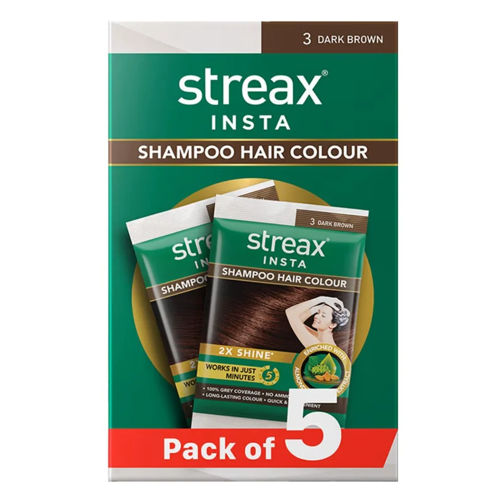 Streax Insta Shampoo Hair Colour (3 Dark Brown) Pack Of 5 : 1 Unit
