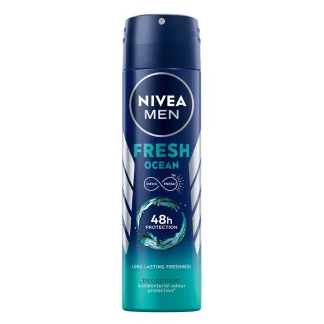 Men’s deodorant spray and stick on a bathroom counter, offering long-lasting freshness and odor protection.